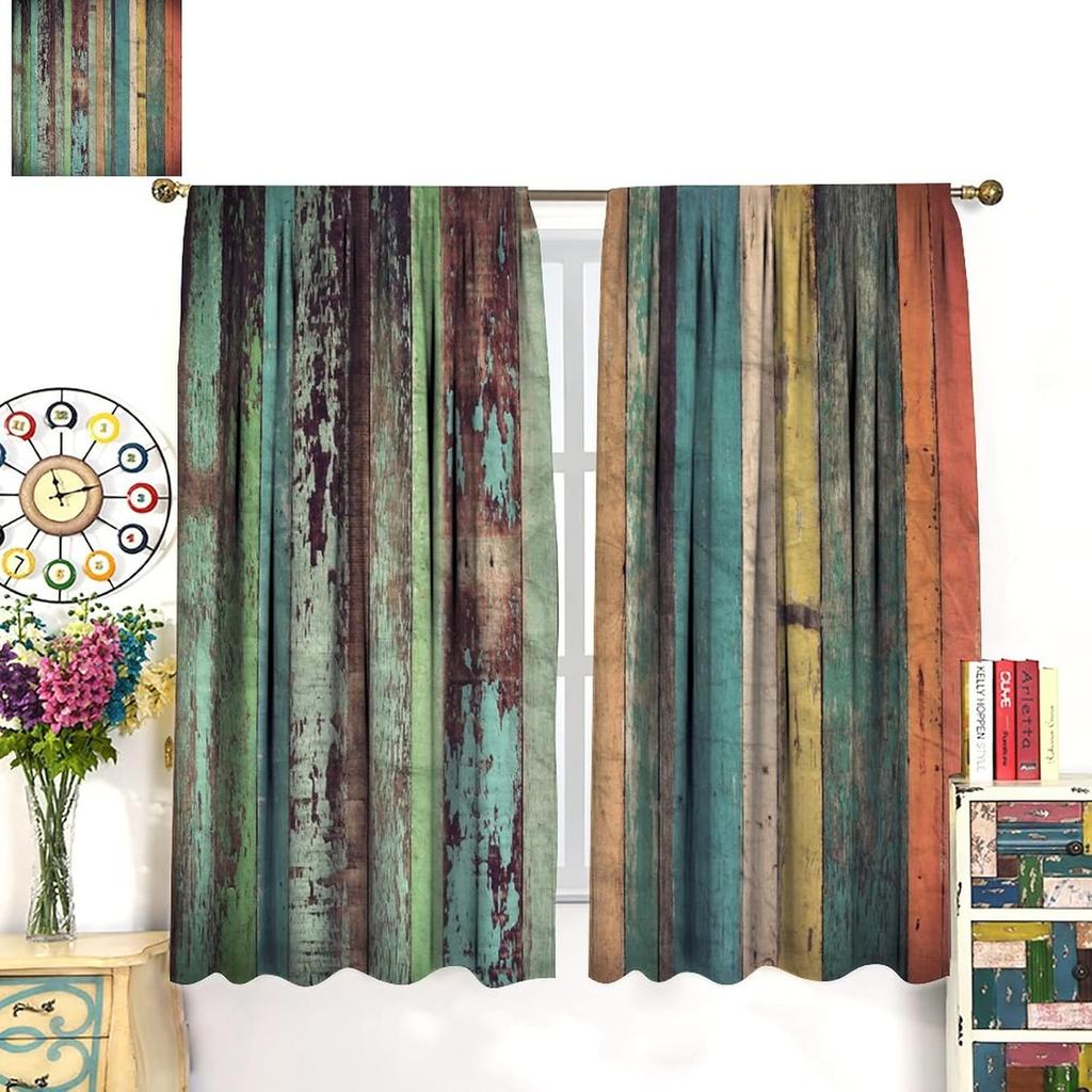 Retro Colorful Curtains, Vertical Wood Planks In Colorful Design Carpentry Oak Timber Rustic Country Life,Window Drapes 2 Panel Set Beautiful Room