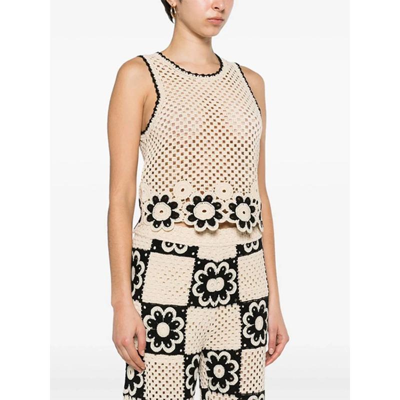 Hollow Out Knitted Sets for Women Sleeveless O-neck Short Vest Crochet Embroidery Flower Knitting Pants Elegant Women's Sets Simple Vintage 2 Piece