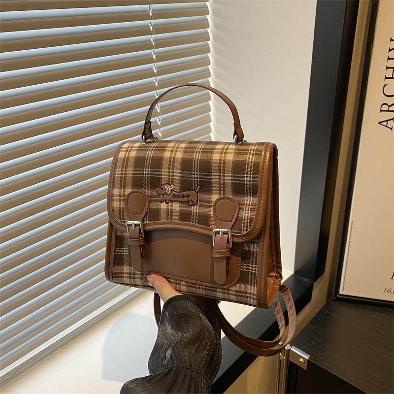 College style plaid backpack female autumn new dachshund dog student class handbag retro backpack