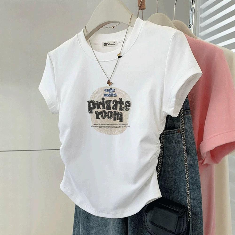 Women Korean Style Crew Neck Short Sleeve T-Shirt Ruched Waist Printed Slim Cropped Summer Casual Ladies Top