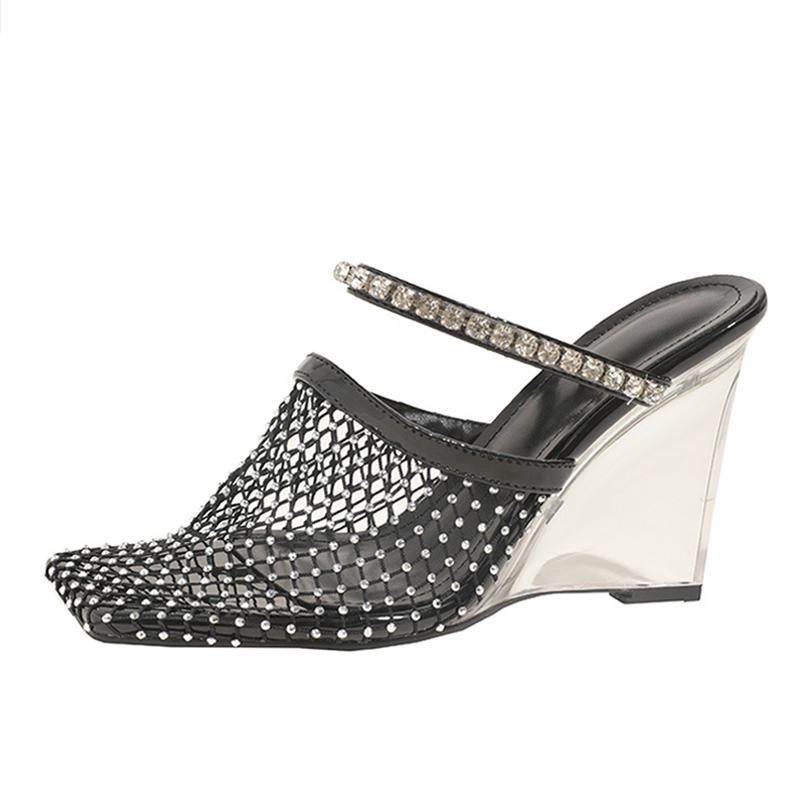 

Fashion Liyke New Summer Women s Sandals Rhinestone Mesh High Heels Footwear Elegant Square Toe Transparent Wedges Shoes Pumps Slippers 35