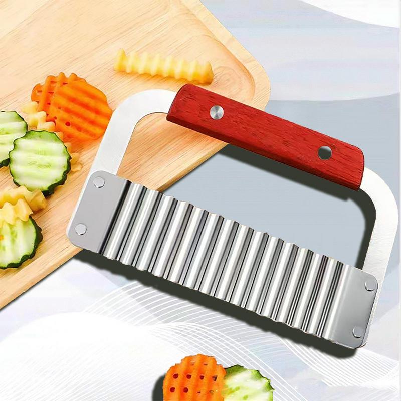 Kitchen Crinkle Cutter Fry Cutter Heavy Duty Wavy Crinkle Cutter Wooden Handle Kitchen Slicer French Chopping Cutting Tool For
