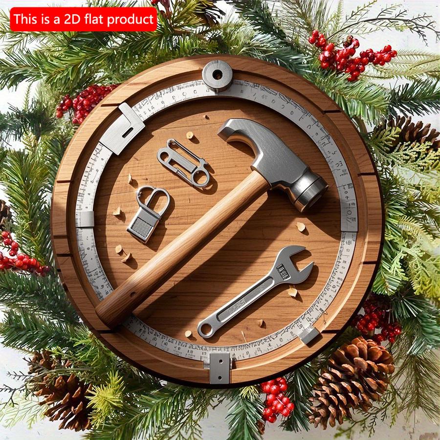 2D Flat 20cm 1pc Dad Father's Day Labor Style Round Wooden Wall Hanging Decor Present, Hammer Wrench Round Ruler and Lock Pattern Wooden Pendant