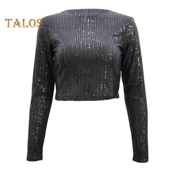 

Женские укороченные топы с круглым вырезом, длинным рукавом, украшенные пайетками, свободный крой, облегающие короткие футболки S чёрный