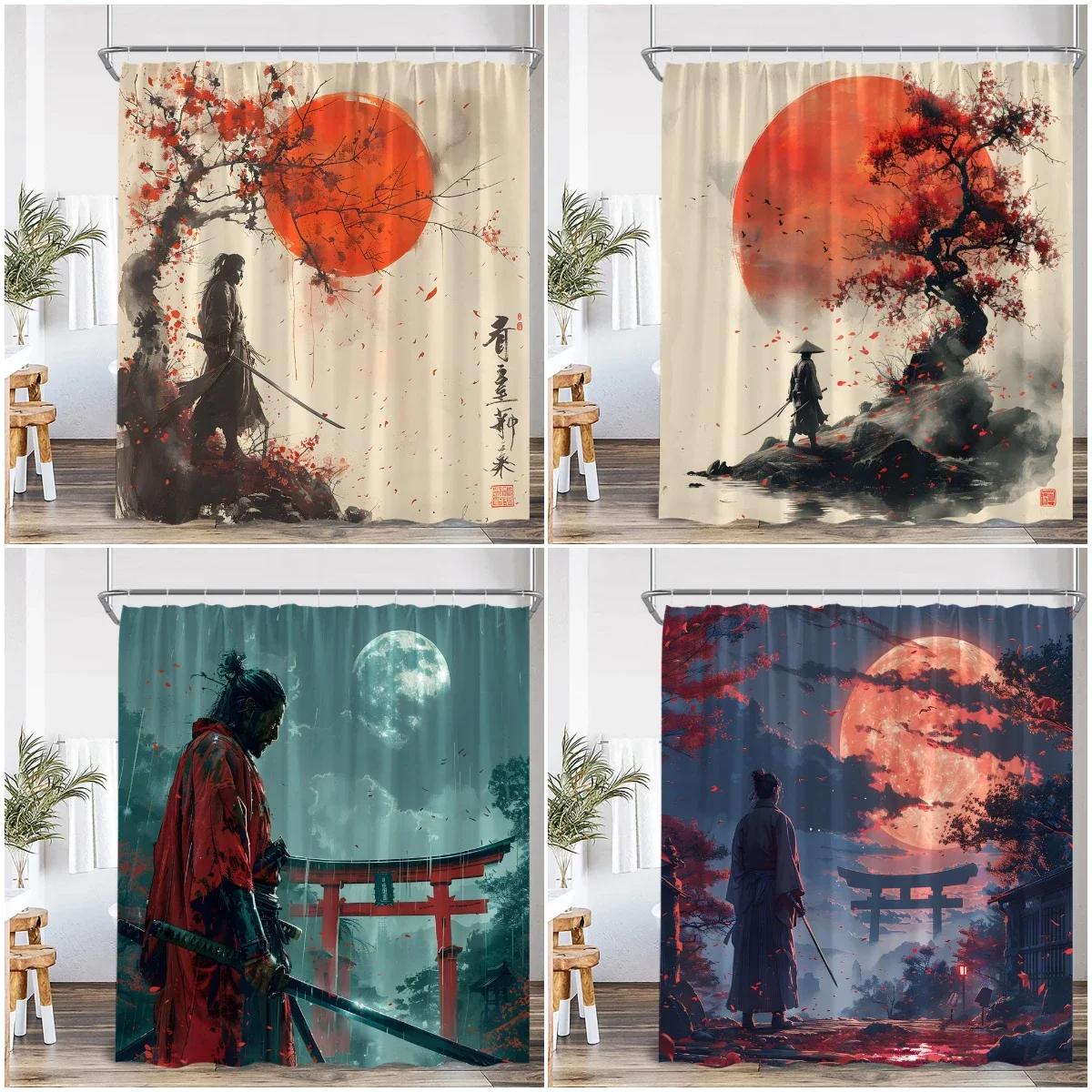 Baifenbai Home Furnishing Red Japanese Samurai Shower Curtain Full Moon Cherry Blossom Bathtub Decorative Polyester Shower Curtain With Hook 120X180cm