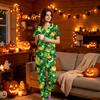 Women's Halloween Print Scrub Set V-Neck Short Sleeve Top with Pocket and Pants 2-Piece Uniform