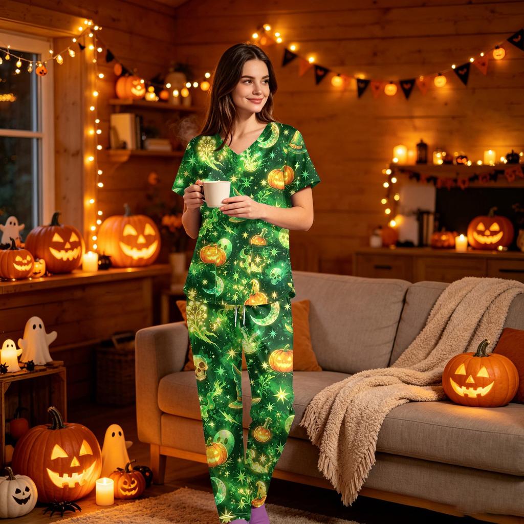 Women's Halloween Print Scrub Set V-Neck Short Sleeve Top with Pocket and Pants 2-Piece Uniform