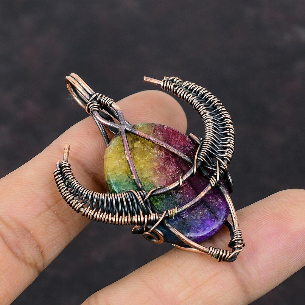 Regenbogen Solarquarz Druzy Anhänger Kupferdraht umwickelter Anhänger Stierkopf Form Anhänger Edelstein Kupferschmuck Handgefertigter Anhänger Geschenk für Mama