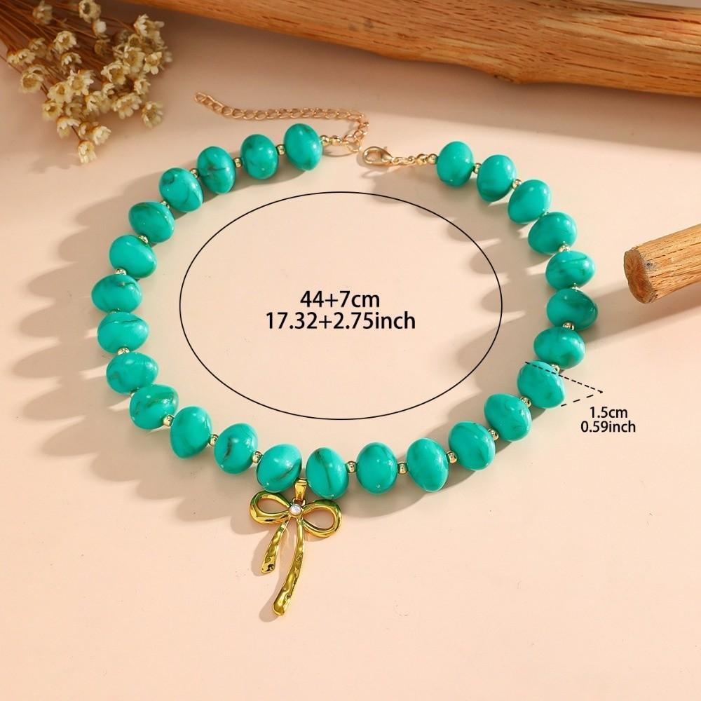 Fashion Resin Beaded Necklace Round Multicolor Bow Pendant Choker Jewelry Boho Women Clavicle Chain Travel