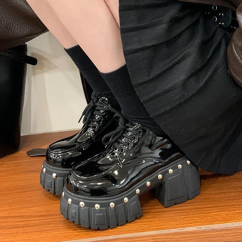 8cm Punk Style Women Boots Lace-up Heel Height Platform Shoes Woman Gothic Ankle Rock Boots Metal Decor Man and Woman Sneakers