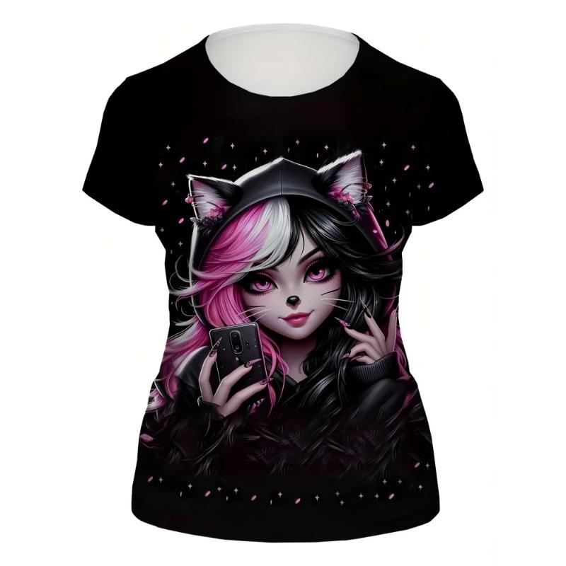 Summer Round Neck 3D Girl Graphic Print Top Fashionable Casual Short Sleeved Women's T-shirts