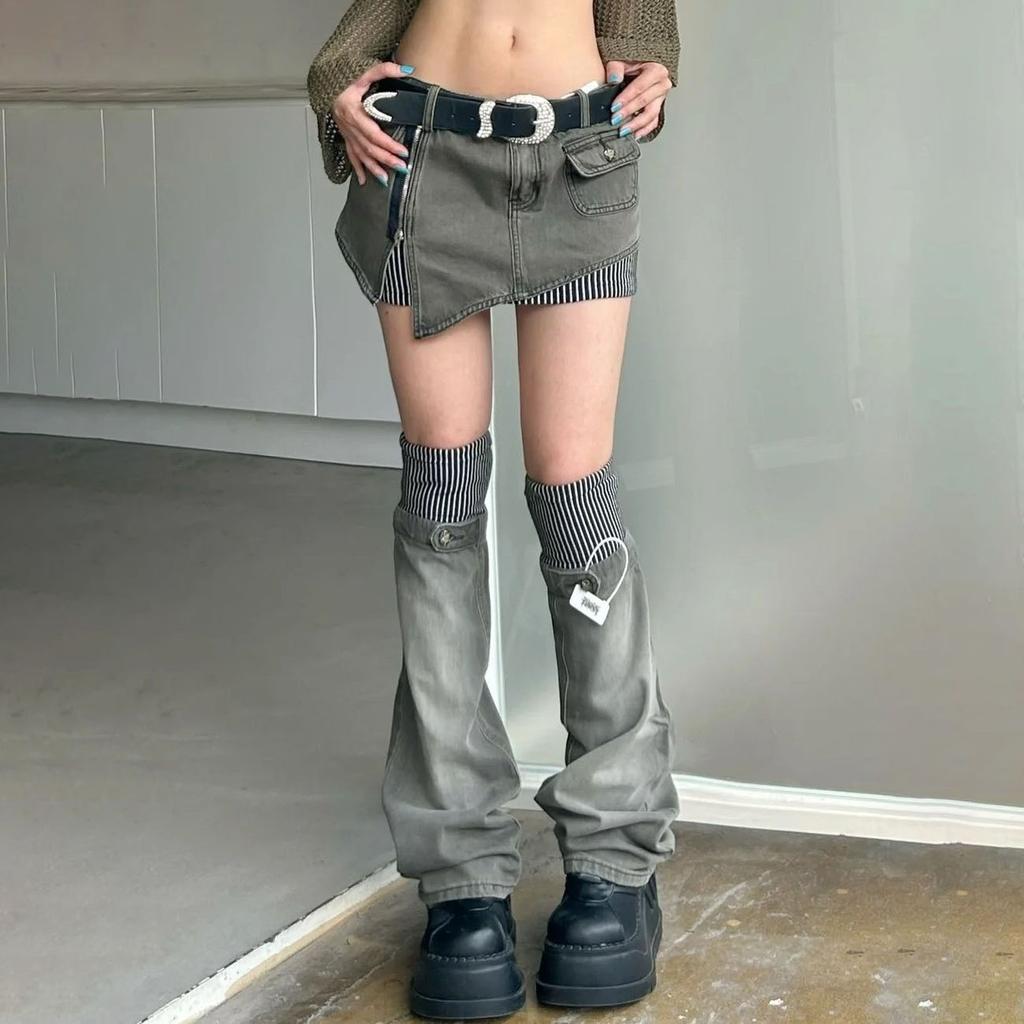 American Retro Patterned Patchwork Denim Suit Half Skirt Women Y2K Irregular Short Skirt Leg Cover Two-piece Set for Wearing