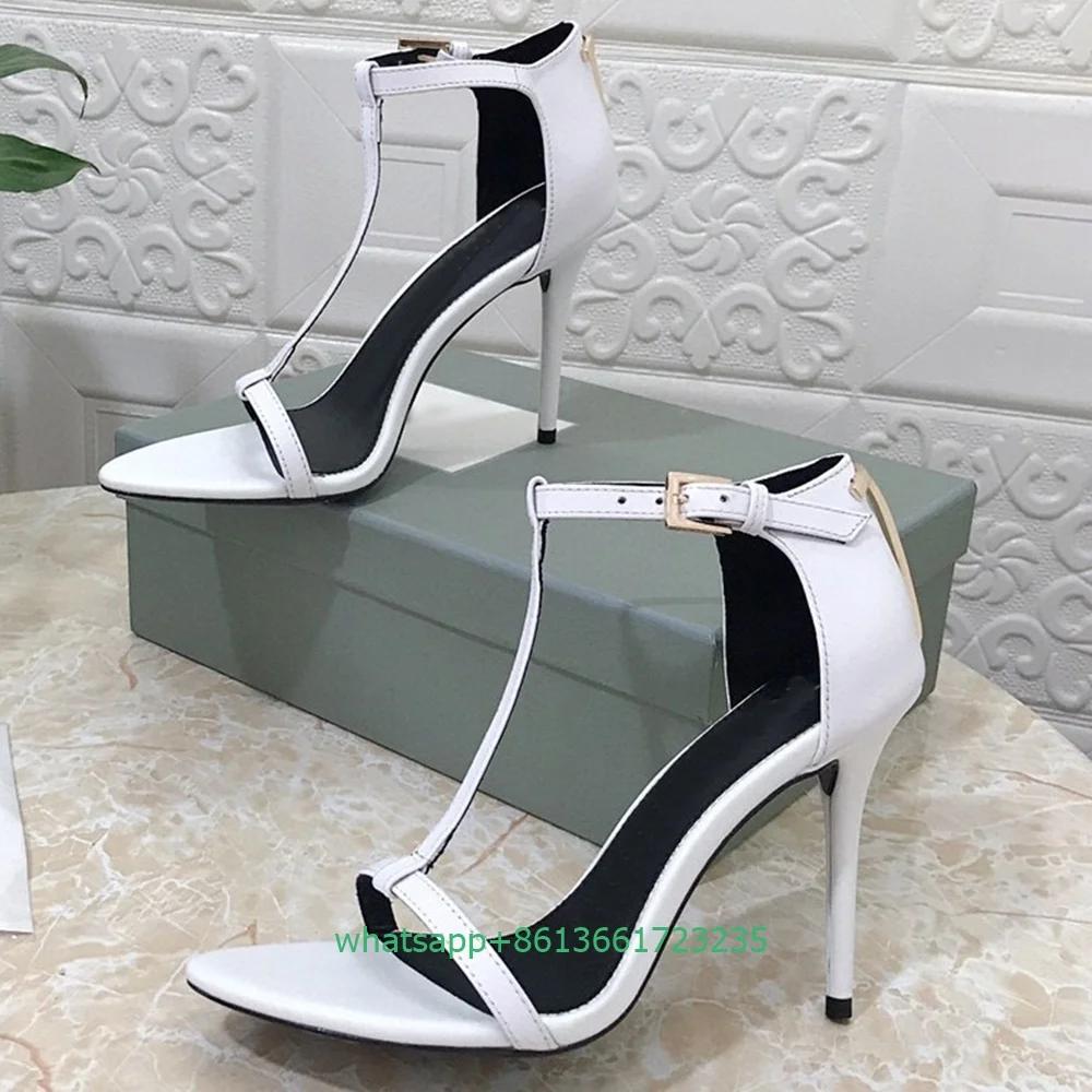 T-Tied Open Toe Women Sandals Genuine Leather Stiletto Heel Sexy High Heels Cover Heel 10.5CM Ankle Buckle Summer Sandal