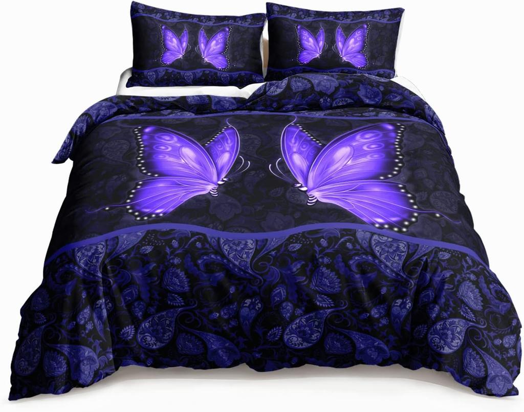 Butterfly Duvet Cover Set Queen King Size Sparkly Blue Butterflies Bedding Set Boho Style Quilt Cover Set For Girls Kids 3 Pcs