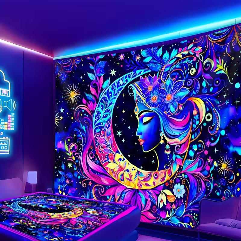 

2D Vibrant Moon Goddess Tapestry, Floral Starry Night Wall Tapestry, Bohemian Aesthetic Home Decor 47.2x31.5inch/120*80cm