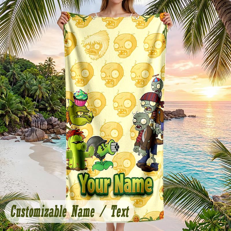 Plants vs. Zombies Beach Towel, Personalized Custom Text, Quick Dry Soft Large Towel For Swimming Pool Travel