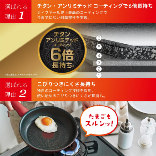Tefal Frying Pan 26cm IH Gas Fire Compatible, Free of Harmful Substances Such As PFOA, Non-stick and Long-lasting "IH Rouge Unlimited Frying Pan" Red