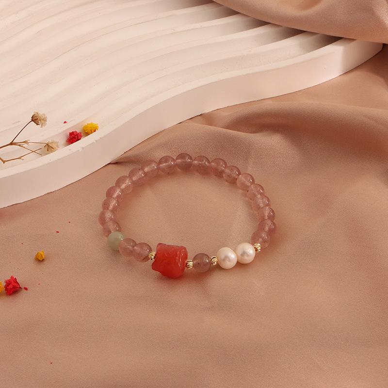 Natural Strawberry Crystal Bracelet, Peach Blossom Bracelet, Moonstone Cat's Claw Crystal Pixiu Natural Freshwater Pearl Bracelet.