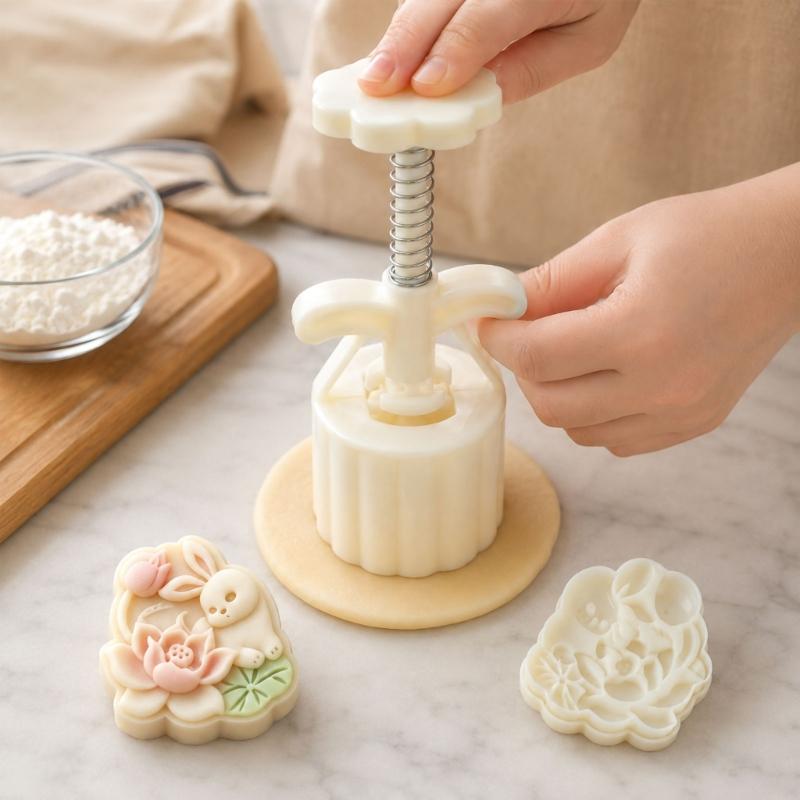 Lotuses Rabbit Moon Cake Molds 50G Manual Press Set, Plastic Pastry Shaping Tool for Pattern Dessert, Home Baking, and DIY Pastry Projects