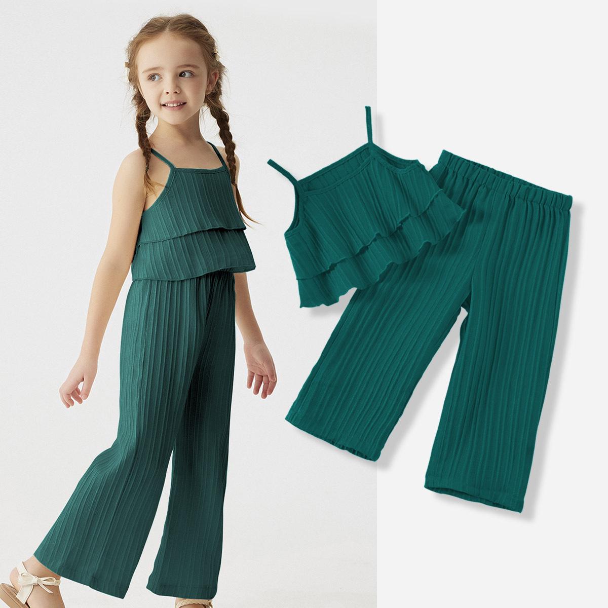 

Комплект женских маек однотонной расцветки с оборками и брюк прямого кроя - Летний повседневный стиль с волнообразной полоской 2025 Size 100 (2-3Y) зелёный