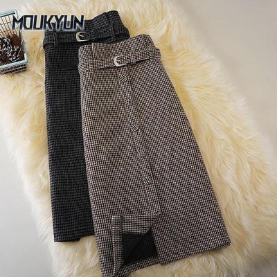 Dámské kostkované midi sukně s vysokým pasem a páskem, štíhlá pepita, áčková sukně po kolena