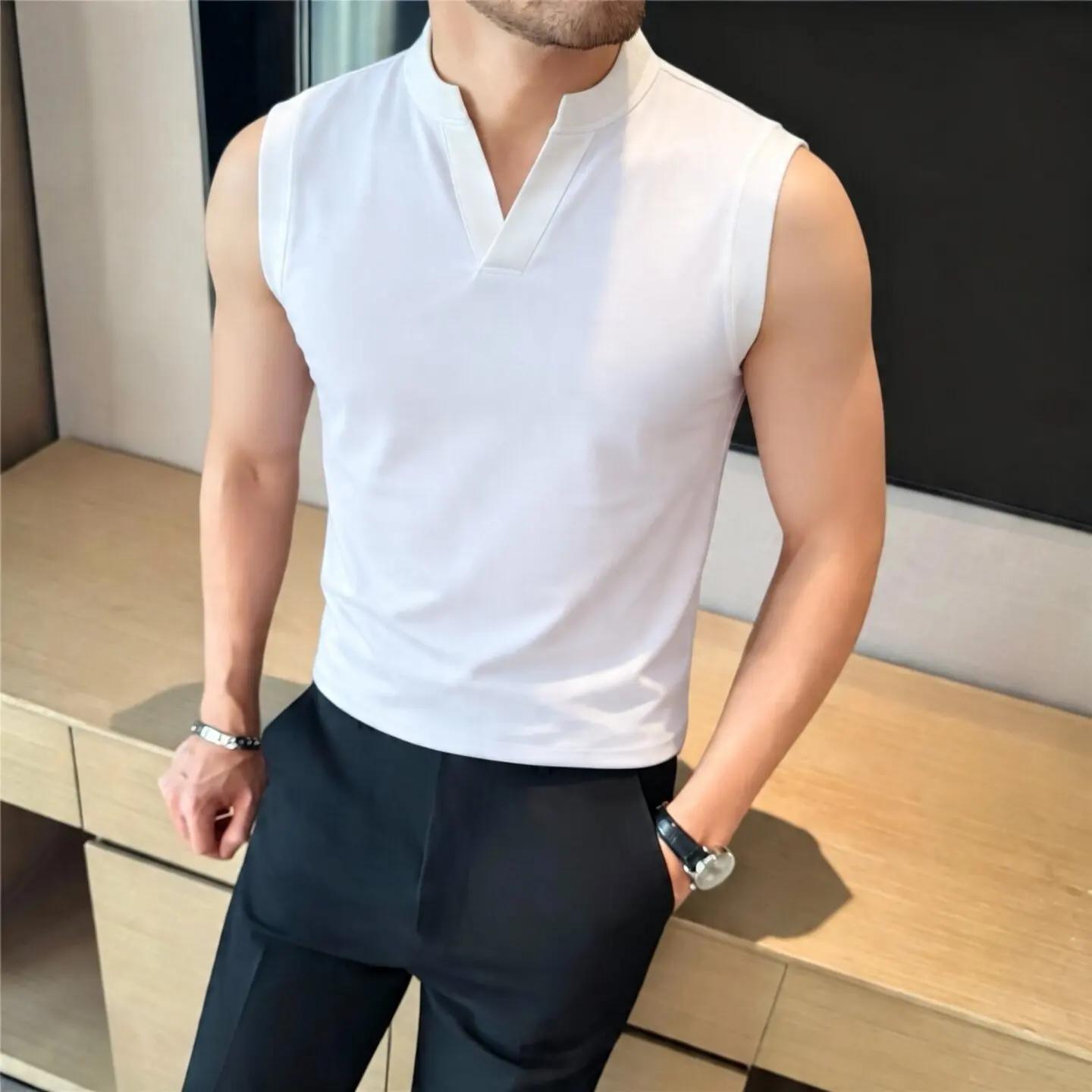 

Summer Men s Chic V-Neck Tank Tops Solid Color Slim Fit Fashion Sleeveless Tshirt Men Cotton Youthful Vitality Breathable Vests L белый