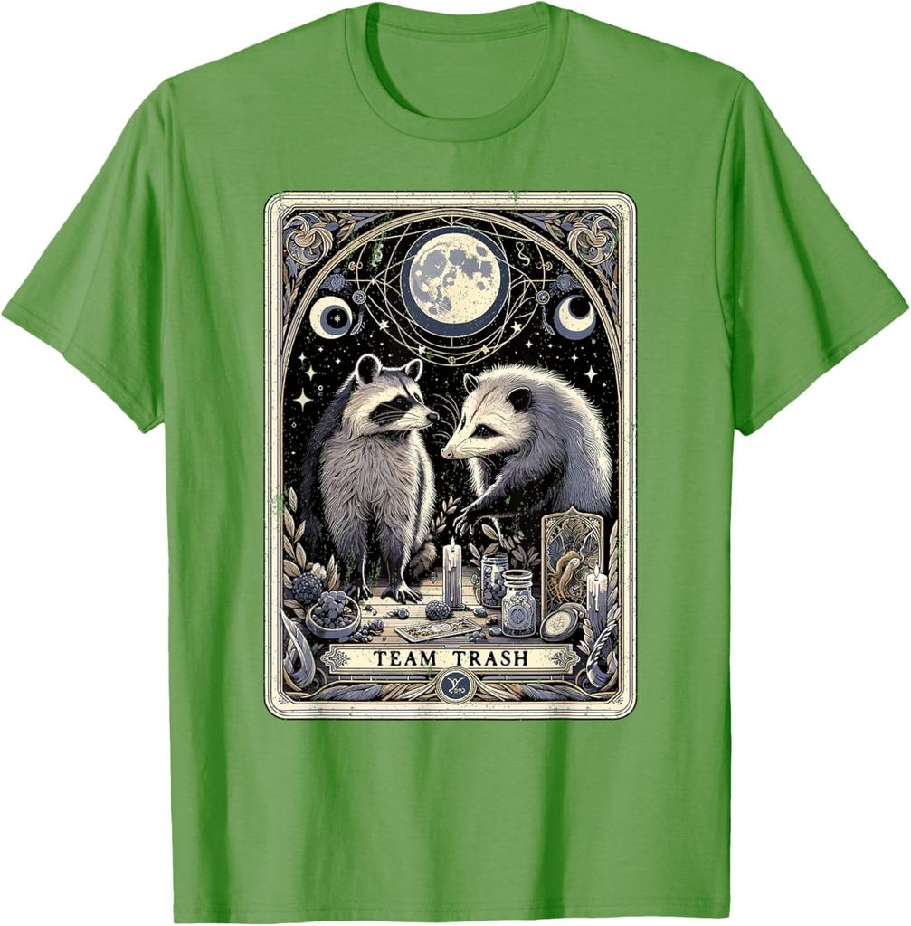 Team Trash Raccoon Opossum Tarot Card Graphic Print Cotton Short Sleeve T-Shirt Casual Trip