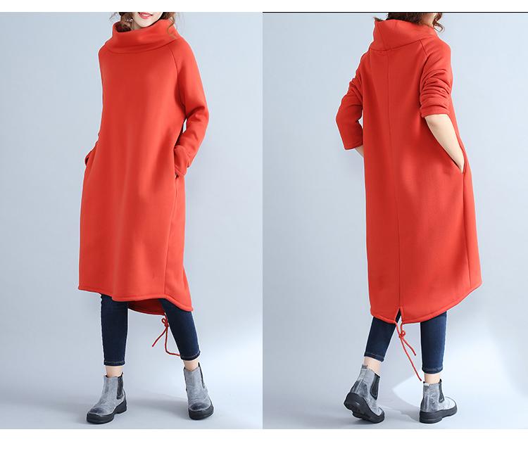 Vestido de Algodón y Lino con Forro Polar de Talla Grande Estilo Étnico 2017 con Cuello Alto