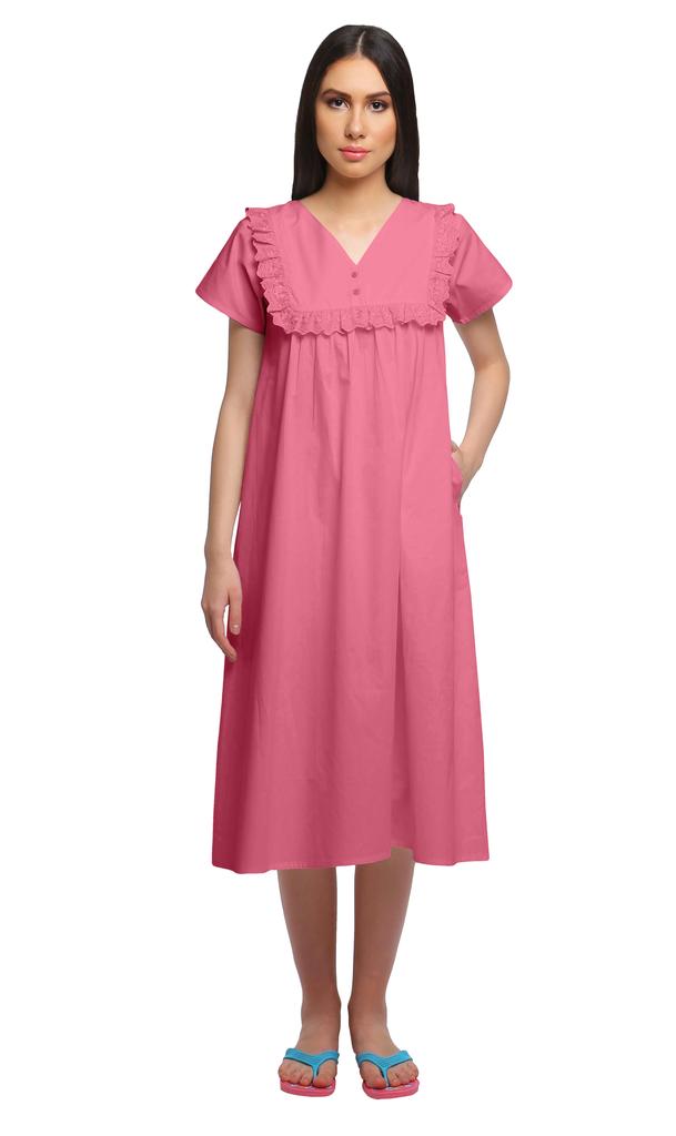 Moomaya Solid Short Sleeve Nightdress For Ladies Button Placket Nightwear