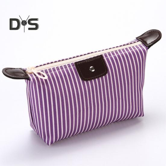 Striped Cosmetic Bag Waterproof Foldable Large Capacity Zipper Closure Dumpling Shape Portable Makeup Organizer for Travel Home Storage