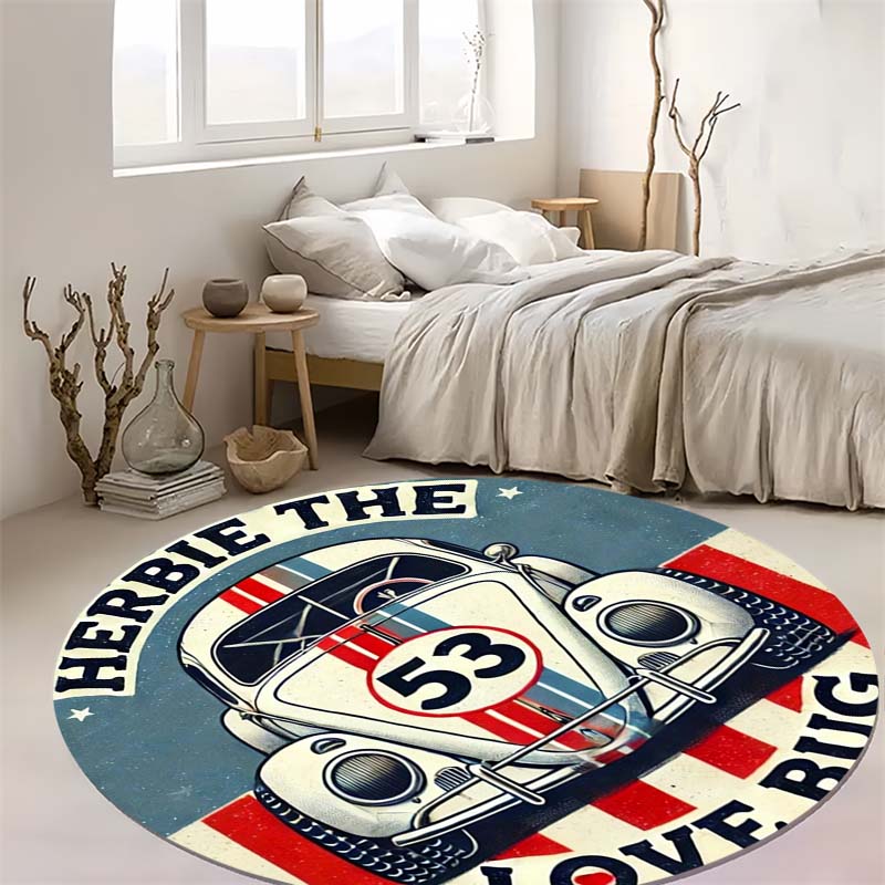 Vintage Raceauto Nummer 53 Print Rond Vloerkleed Antislip Cirkelvormige Vloermat Auto Liefhebber Home Office Stoel Decor
