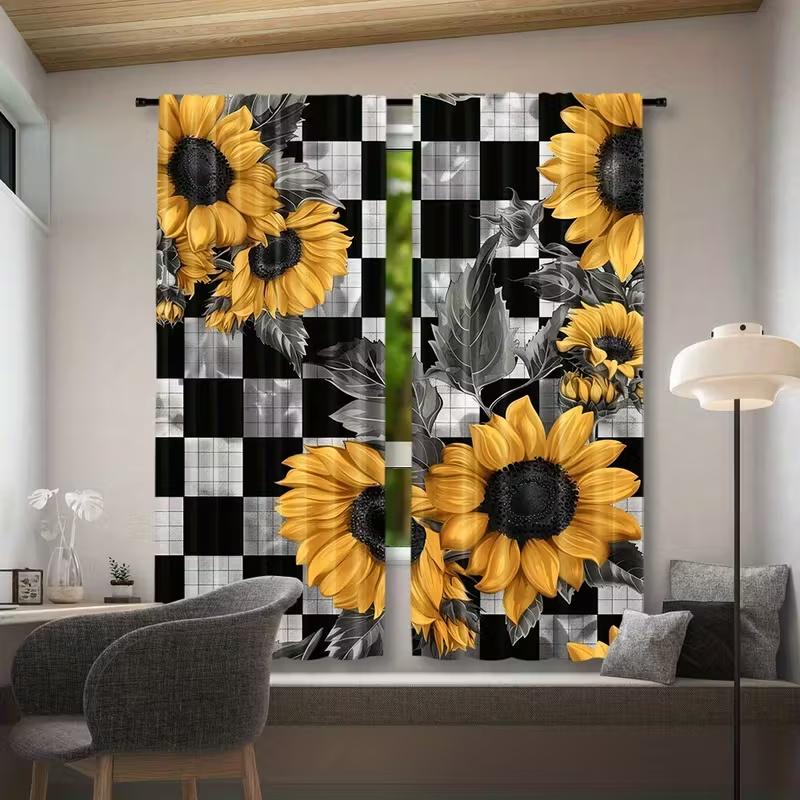 2 Pcs Black checkered sunflower  print curtains  suitable for bedroom  living room kitchen decoration  home decor  window decoration