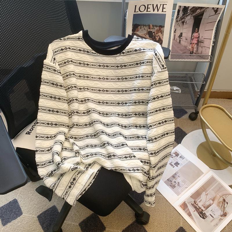 Special Offer: Plus Size Striped Tie-Neck Bubble Sleeve T-shirt for Women L 110-140 jin абрикосовый