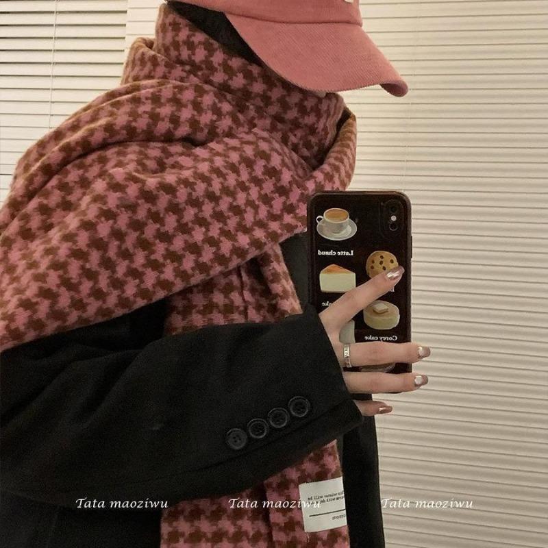 Retro plaid contrasting scarf women's winter warmth couple knitted scarf fringed shawl dual-purpose tide