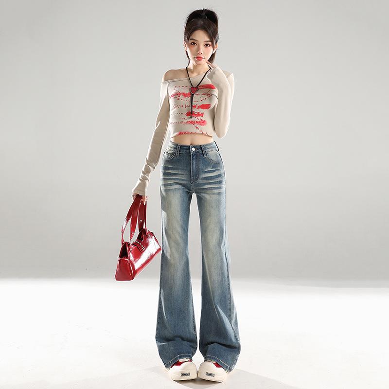 American Retro Mid-Waist Micro-Flare Jeans for Women - 2025 Autumn, Loose Fit, Crease Design
