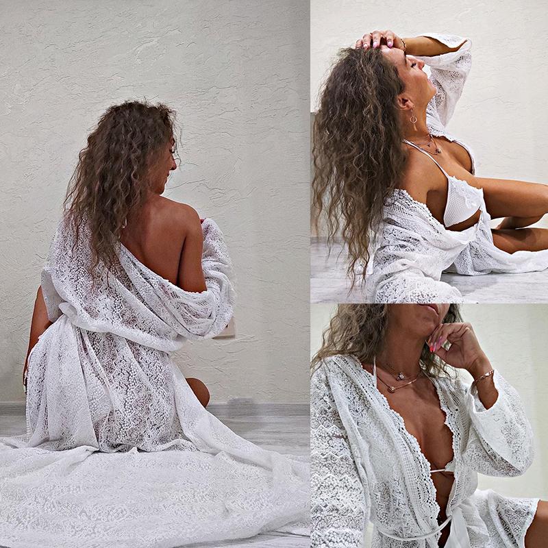 Weißes sexy Spitzenkleid vorne offen Sommer-Strandkleid in Übergröße mit selbstgegurtetem hohem Bund, Tunika für Damen, Strandkleidung, langes Kleid Q1301