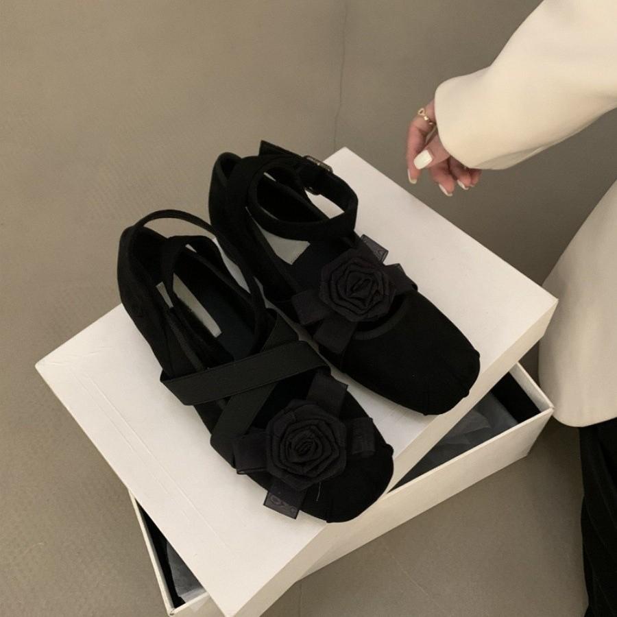 Inner height increase 5cm small retro camellia ballet shoes women's 2025 summer cross with round head Mary Jane shoes