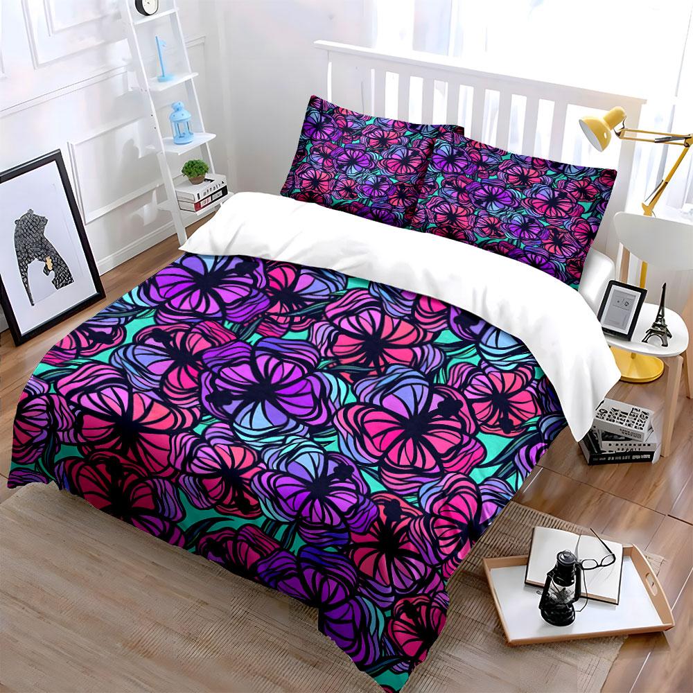 Floral Pattern With Purple And Pink Gradient Bedding Set For Kids Luxury Gift 3Pcs Digital Print Comforter Set Soft Comfortable