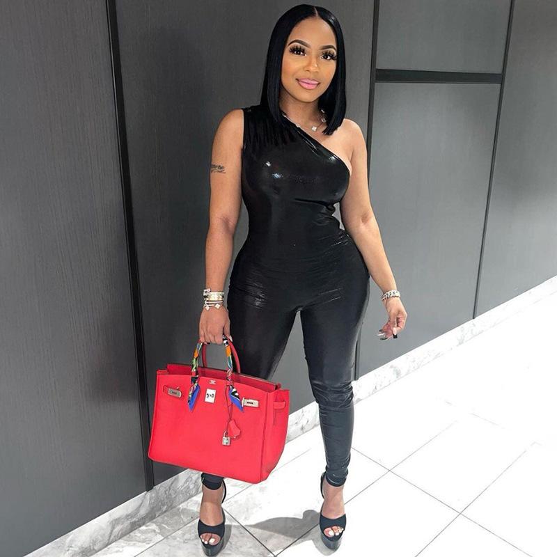 

Летний женский сексуальный блестящий комбинезон с открытым плечом, с высокой талией, брюки по бедрам, женский костюм L