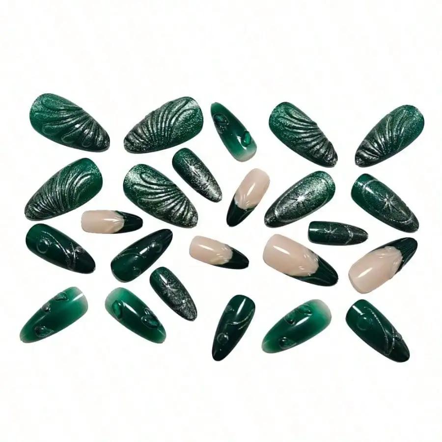 24Pcs Cool-Tone Green Press On Nails 3D Wavy French Cat Eye For Women Party Daily