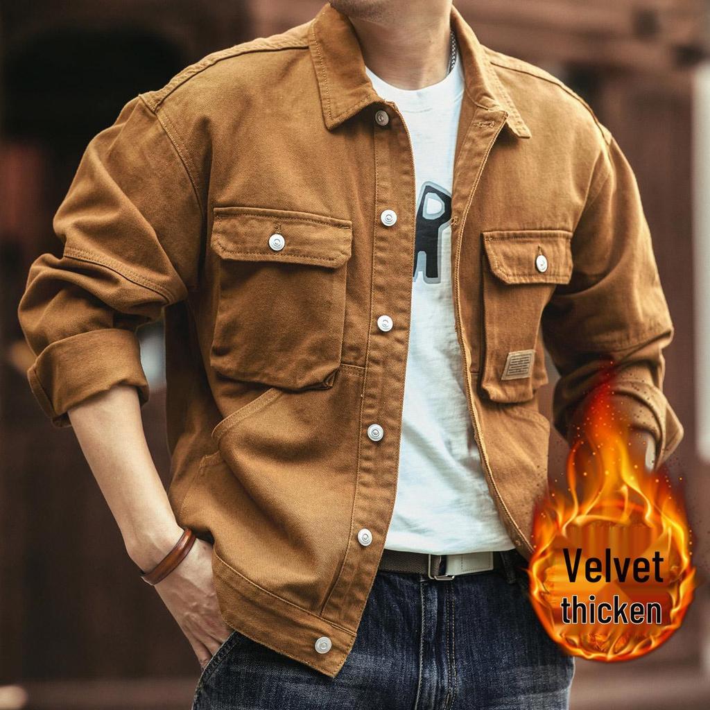 Ge Lan Lu Men's Vintage American Style Heavyweight Denim Jacket for Spring & Autumn - Loose Fit Hunting Workwear.
