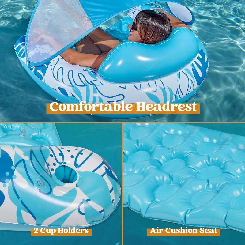 JOYFY XL Inflatable Pool Floats with Canopy Lounge Chairs with Cup Holders for Adults Inflatable Floaties Party Beach Summer
