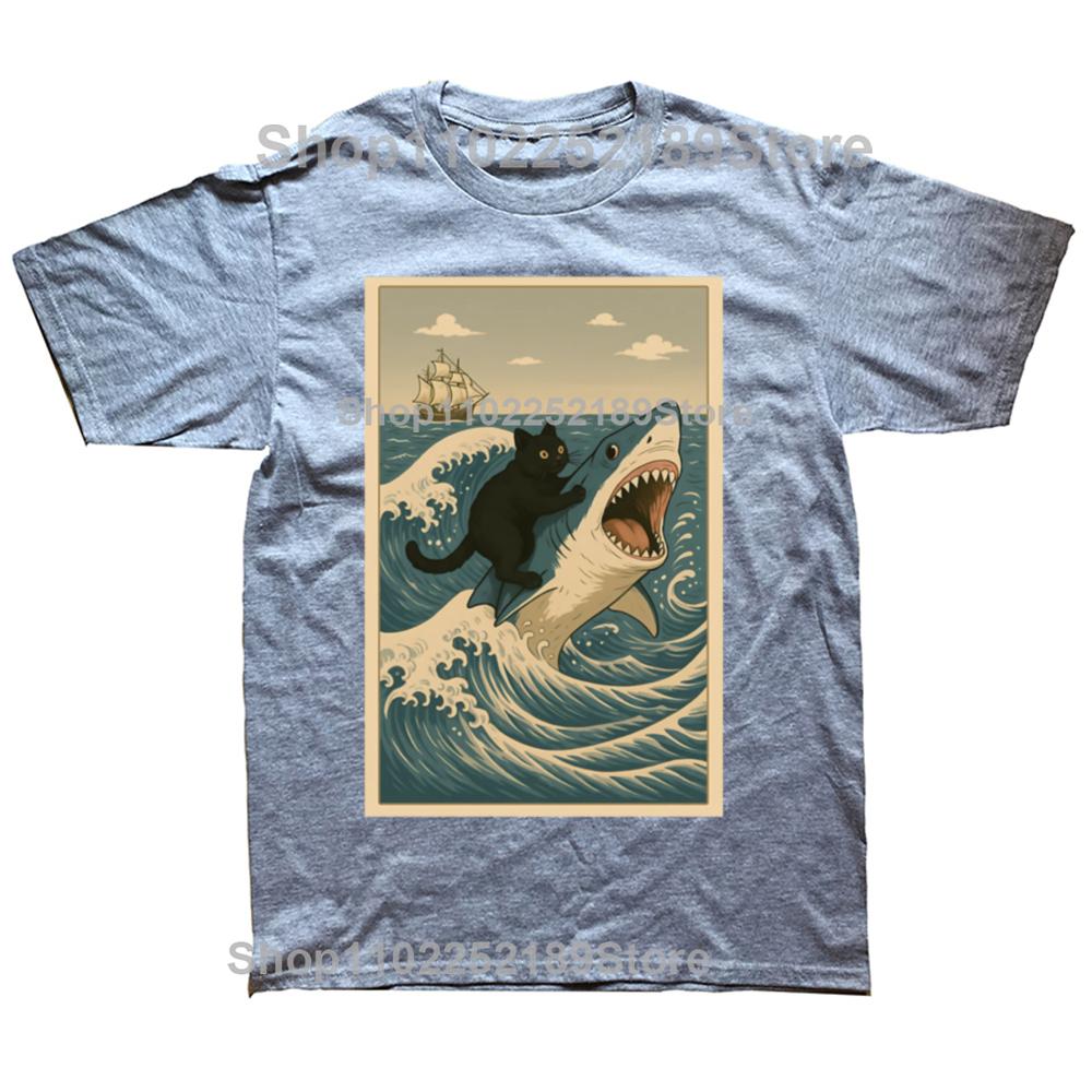 Funny Cat Riding Shark Meme Art Wave Graphic T-shirts Men Women's Fashion Casual Tshirt 100% Cotton Loose Oversized T Shirt