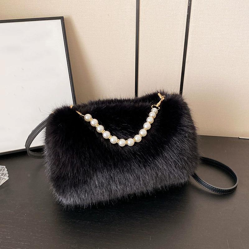 Yogodlns Winter Fashion Women's Faux Fur Shoulder Bags Candy Color Pearl Handle Crossbody Bag Small Fluffy Female Pillow Handbags