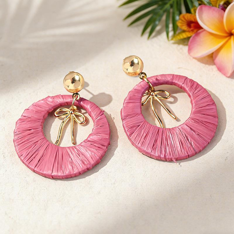 Bohemian beautiful color raffia earrings niche design bow earrings temperament ring earrings