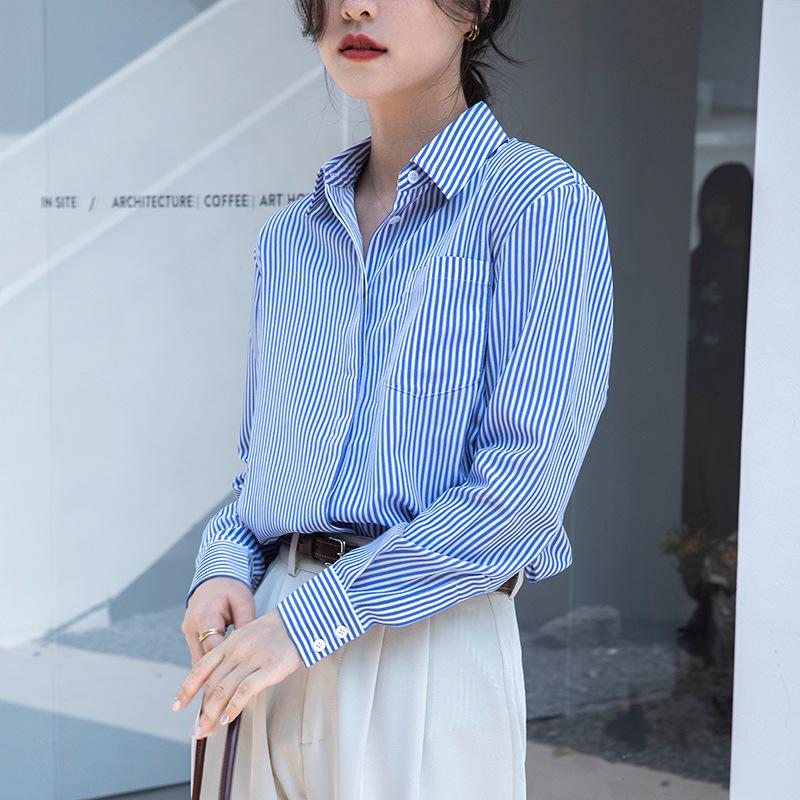 Spring 2025 Women's Casual Blue-Striped Long-Sleeve Shirt