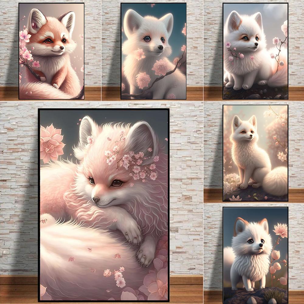 Animal Cute Baby Fox Pink Cartoon Prints Poster Canvas Painting Modern Wall Art Pictures For Living Room Bedroom Home Decoration