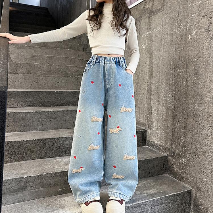 Girls' Straight Leg Pants Cartoon Towel Embroidered Jeans Children's Spring and Autumn Wide Leg Pants