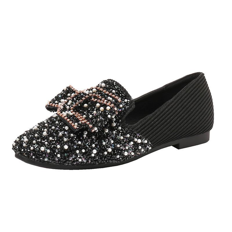 

Туфли на плоской подошве ladyshoes женские весенние новые одинарные туфли бант жемчуг женские туфли квадратный носок мелкий вырез большой размер 38 чёрный