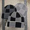Retro Plaid Knitted Hat Fashion Letter Embroidery Overhead Hat Couple Match Woolen Hats Warm Windproof Round Top No Brim